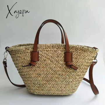 Xajzpa - Casual Wicker Woven Basket Bags Rattan Women Handbags Summer Beach Straw Large Capacity